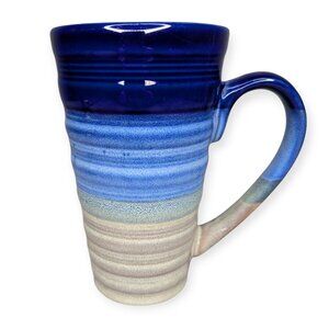 Tall Art Pottery Mug Blue/Brown/Ombre Stripe Large Handle 6" Tall
